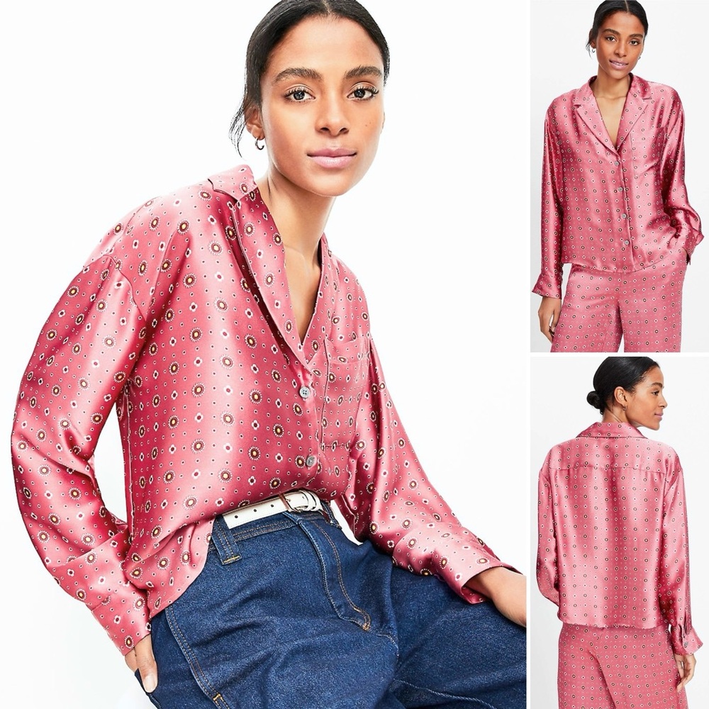 Ann Taylor LOFT Floral Foulard Lapel Satin Shirt Front  Pocket Dropped Shoulder